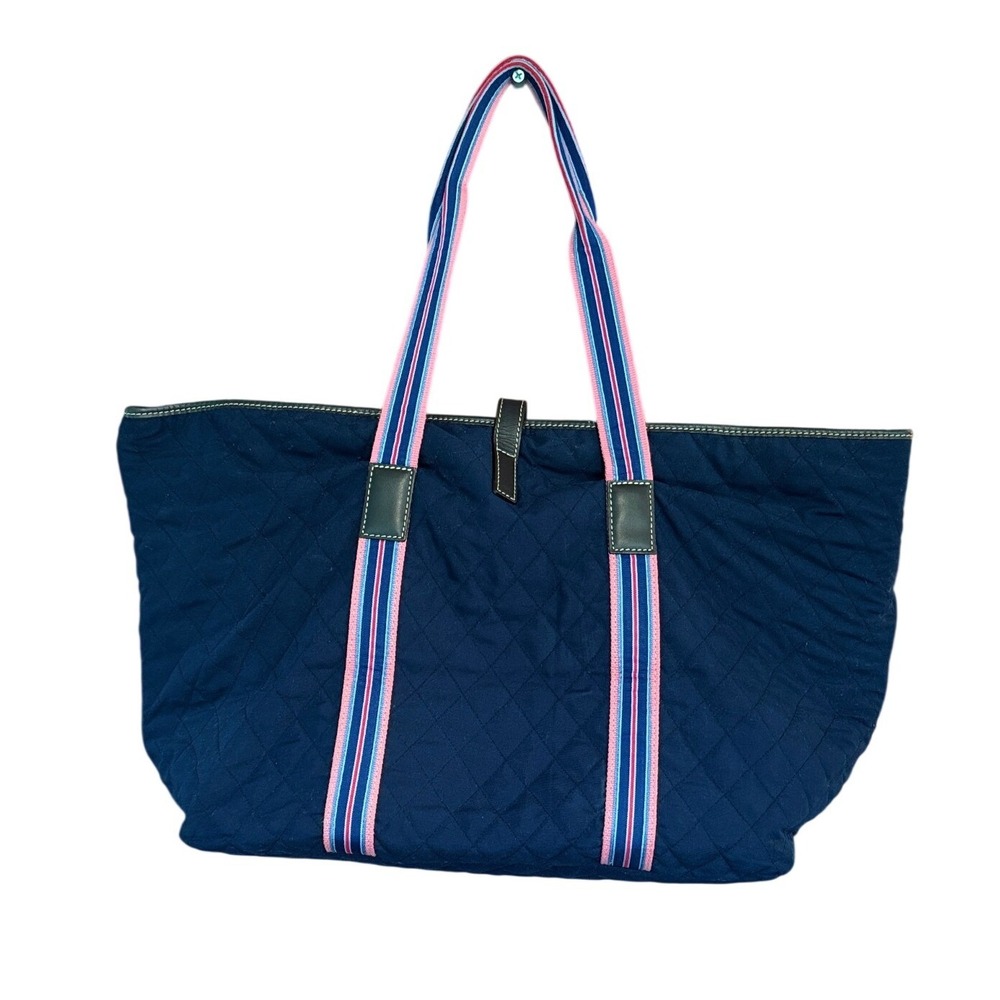J. McLaughlin Navy Quilted Tote Bag Pink Blue Stripe Straps Large Weekend Travel